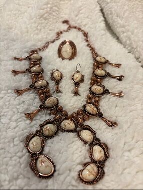 Vintage-Inspired Cream Stone Copper Necklace, Earring Set & Ring set